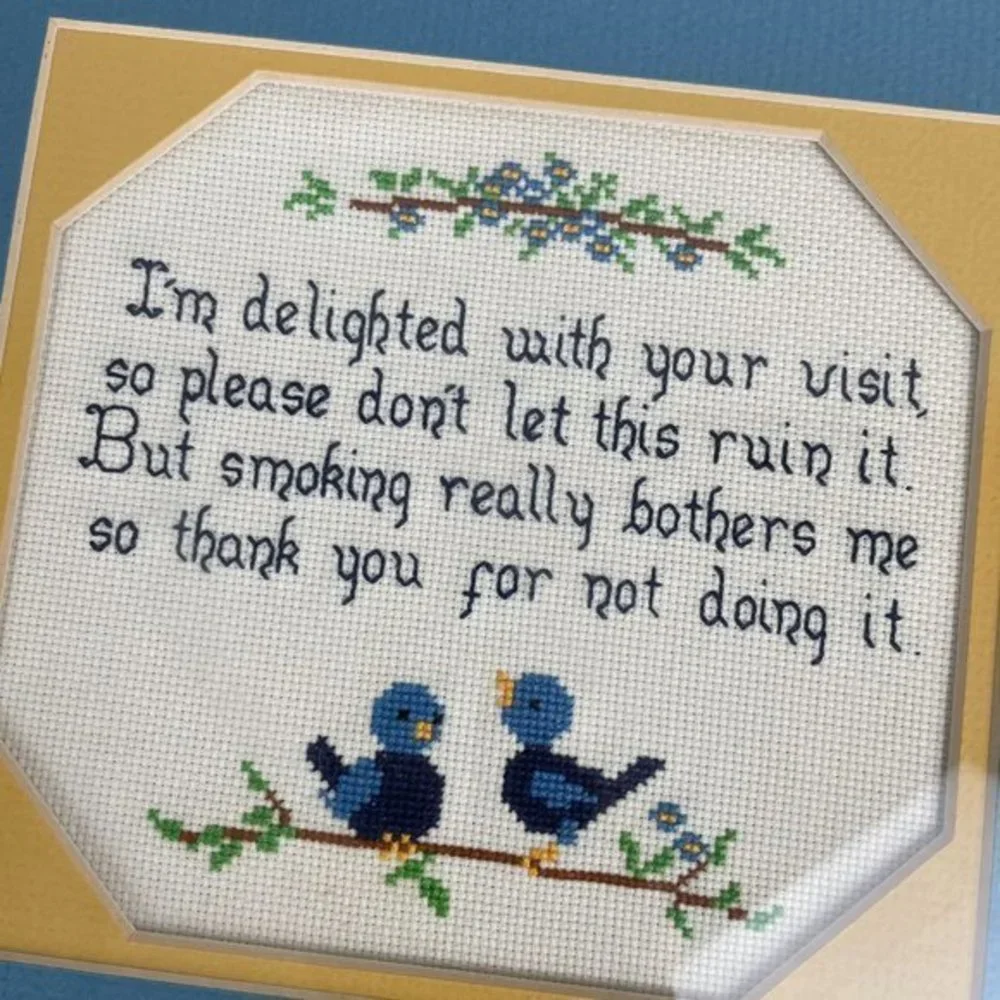Finished Framed Cross‎ Stitch Anti-Smoking Blue Birds 10 x 10